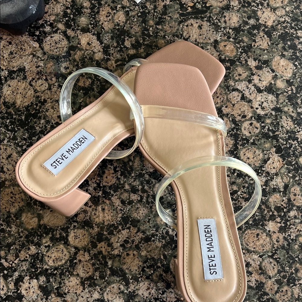 Steve Madden Tan Nude Clear-Strap Block Heel Mules 7 - New